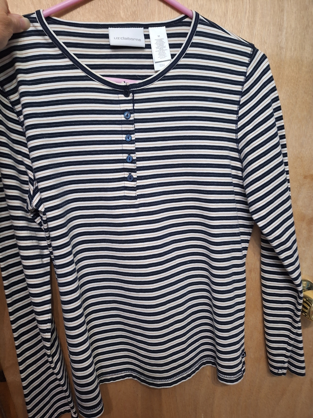 Liz Claiborne Navy and Cream Striped Long Sleeve Henley